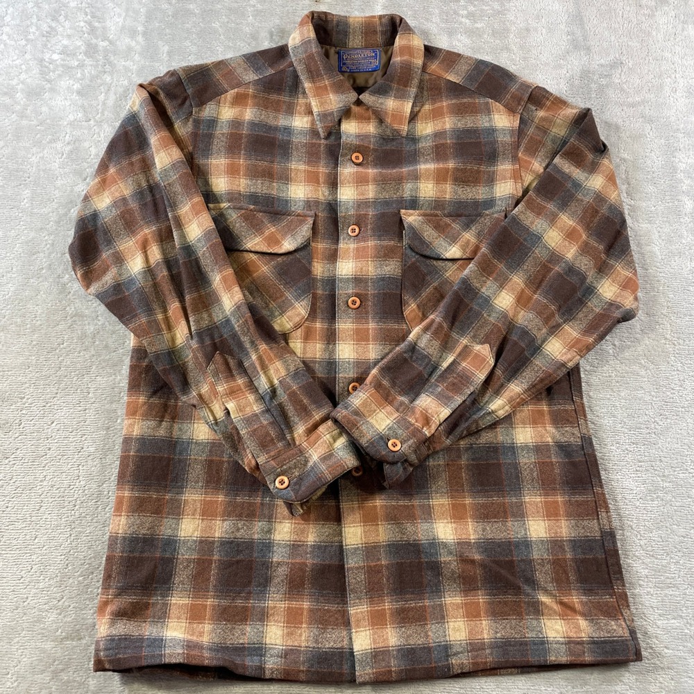 Vintage Pendleton Board Shirt Mens Medium Brown Plaid Virgin‎ Wool USA Fall